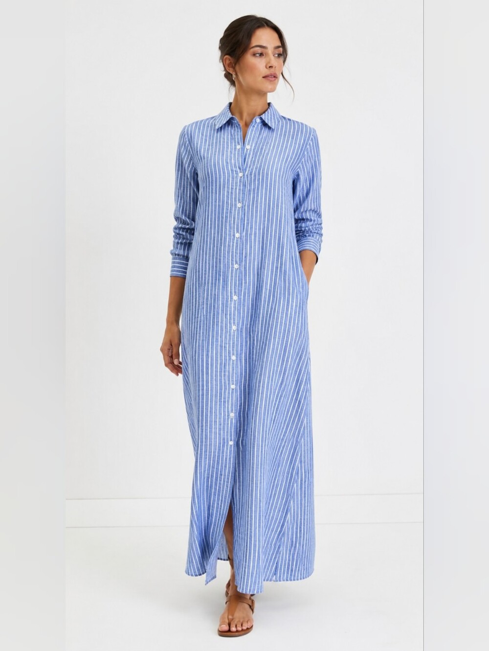 J. Jill Linen Blend Blue Stripe Maxi Shirt Dress Long Sleeves
